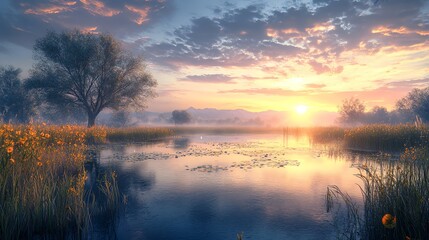 Obraz premium Serene Lake Reflecting Sunrise with Meadow and Trees on Shoreline