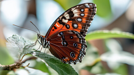 Fototapeta premium Butterfly on Leaf in Natural Setting with Blurred Background