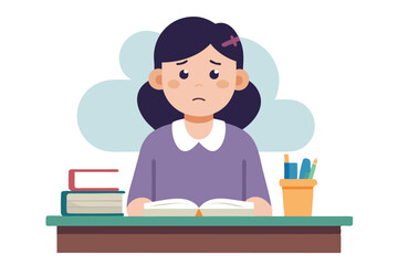 Flat of Sad Girl Reads Book at Desk with Books and Pencil Holder