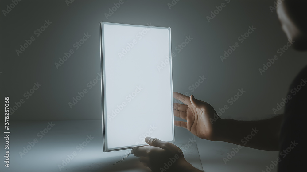 Poster a man holds a bright tablet-like device, illuminated with a clean, minimalist interface. the device 