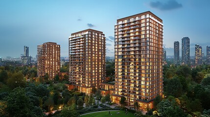 Obraz premium Modern residential towers at dusk, surrounded by lush greenery.