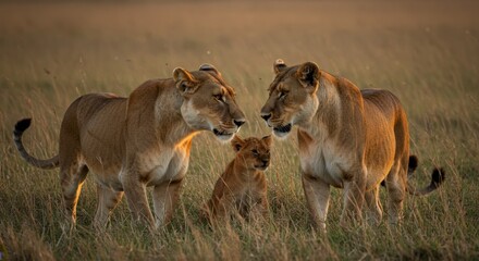 Fototapeta premium Lionesses and Cub at Golden Hour
