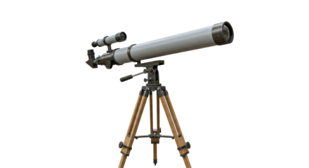 Isolated Silver Vintage Telescope on Wooden Tripod