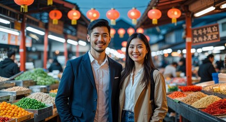 Obraz premium Happy young couple in lively Asian food market at dusk background portrait photo 
