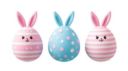 Three Easter eggs with bunny ears and faces, cut out transparent