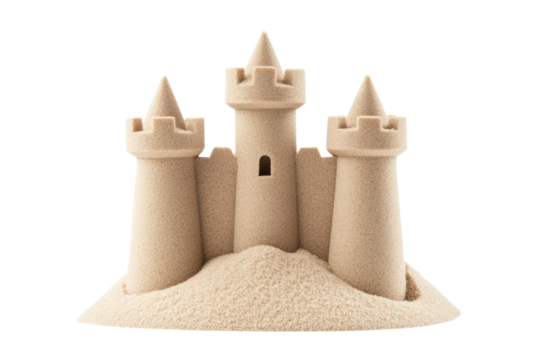 Intricate sandcastle with three towers and moat on black background, cut out