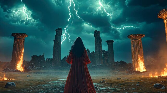 Woman in red robe, ancient ruins, dramatic storm