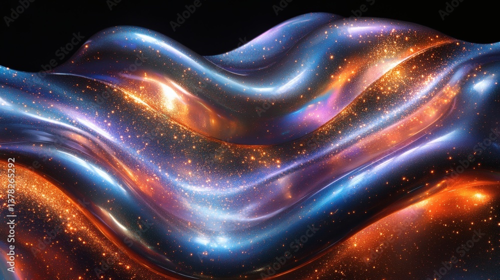 Poster elegantly curved metallic strips shimmer with shifting iridescence, layered to create a sense of dim