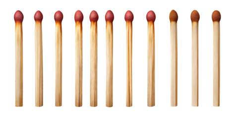 Matches in a row: A close-up shot showcases a row of matches, some pristine and untouched, while others reveal varying degrees of use and charring, symbolizing the passage of time and potential. 