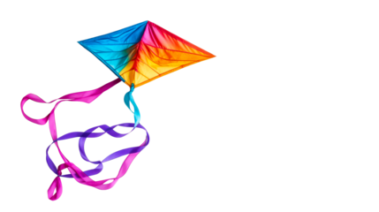 Vibrant kite soars, streamers dance, against black backdrop, cut out transparent