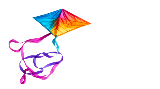 Vibrant kite soars, streamers dance, against black backdrop, cut out transparent