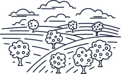 Fototapeta premium Scenic landscape illustration with trees and rolling hills under cloudy sky