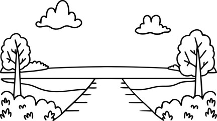 Simple landscape drawing with trees and road under cloudy sky