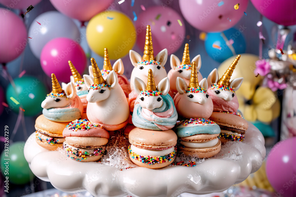 Poster colorful unicorn dessert macarons are arranged on a white cloud stand, surrounded by festive balloon