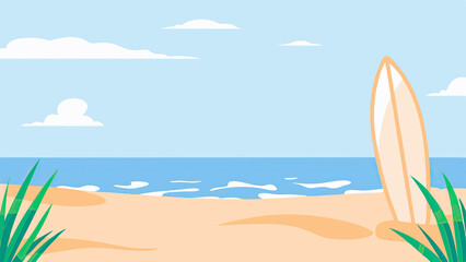 Beach Scene with Surfboard and Ocean Waves in a Calm Style  