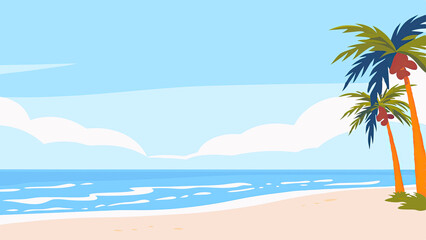 Tropical beach scene with palm trees and clear blue ocean  