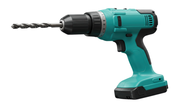 Isolated Green Cordless Drill with Drill Bit