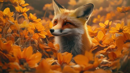 Red fox amidst orange flowers at sunset.