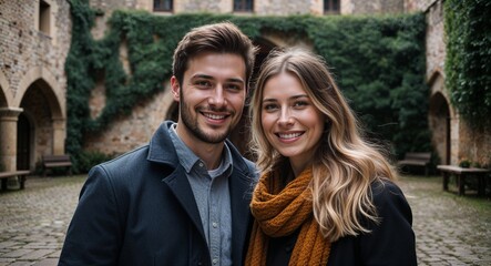 Fototapeta premium Happy young couple in medieval castle courtyard with ivy walls background portrait photo 