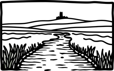 scenic landscape with winding river and distant hilltop castle black and white line art illustration