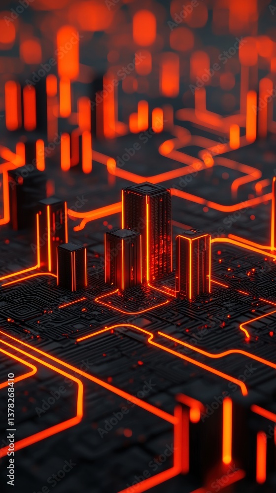 Poster a futuristic cityscape with glowing red lines and structures, resembling a digital world or circuit 
