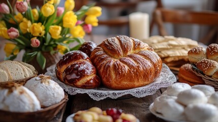 Variety of Delicious Breads Displayed on Wooden Table with Tulip Bouquet