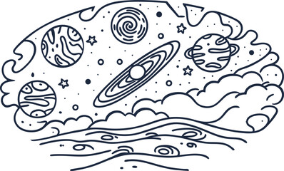abstract cosmic design planets, moons, stars in celestial universe with swirling patterns