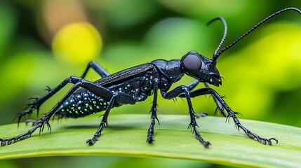 A detailed macro photograph of a black insect on green leaf