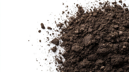 Pile of dark brown soil on a white background with visible texture and small clumps of organic matter
