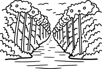 Black and white river landscape with symmetrical trees and abstract clouds