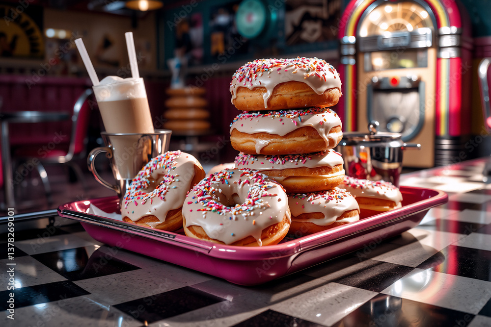 Poster a stack of frosted donuts with colorful sprinkles sits on a pink tray in a diner setting, alongside 