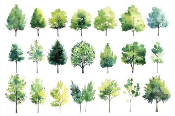 Fototapeta premium Watercolor Tree Illustrations Collection of Various Green Forest Trees