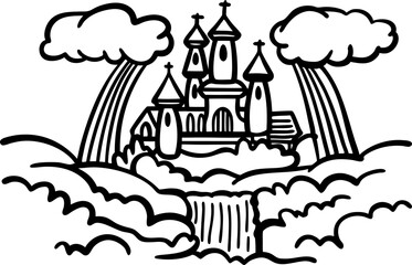 Fototapeta premium fairytale castle in clouds mystical, fantasy scene with rainbows, dreamy landscape, enchanting dream
