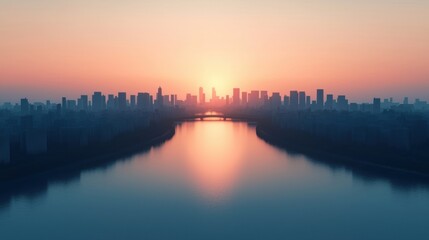 Fototapeta premium A serene sunset over a city skyline, reflecting on a calm river, creating a peaceful and picturesque landscape.