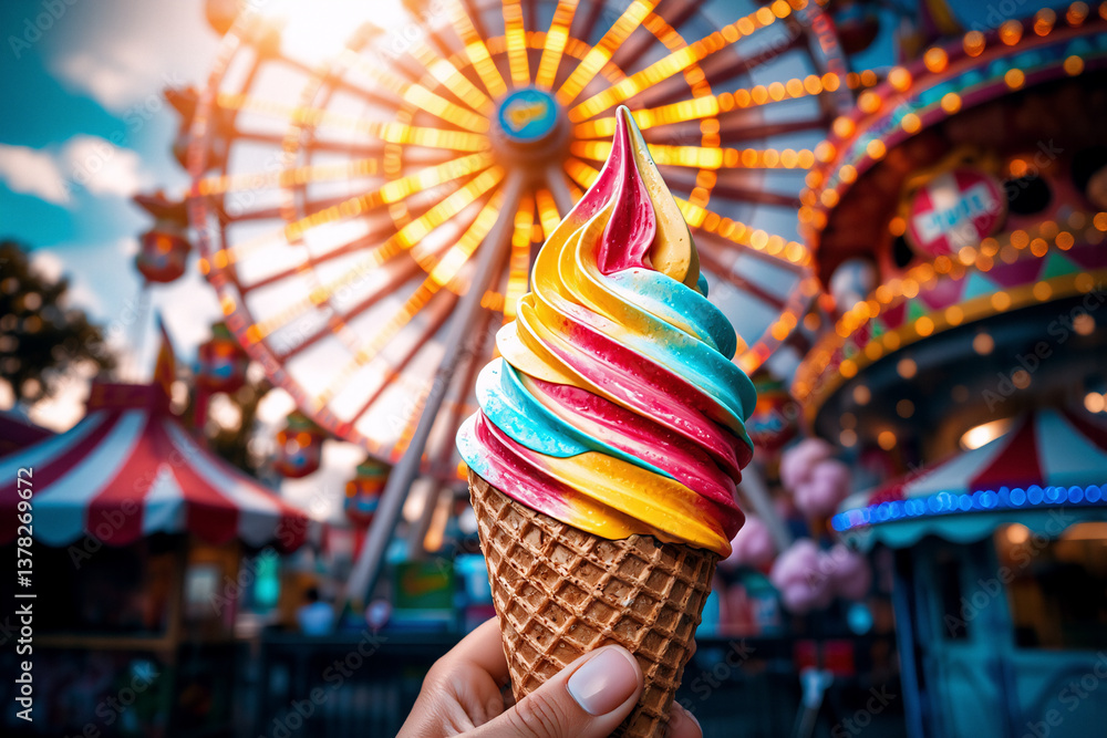 Poster hand holds a vibrant swirl ice cream cone against a backdrop of a ferris wheel and carousel at a liv