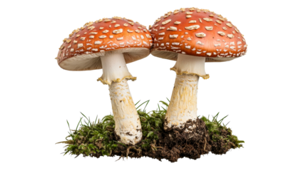 Two amanita mushrooms with bright red caps, cut out transparent