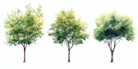 Watercolor Painting of Three Trees with Green Leaves on White Background