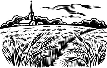 Fototapeta premium rural landscape with church and wheat field black and white illustration, countryside tranquility