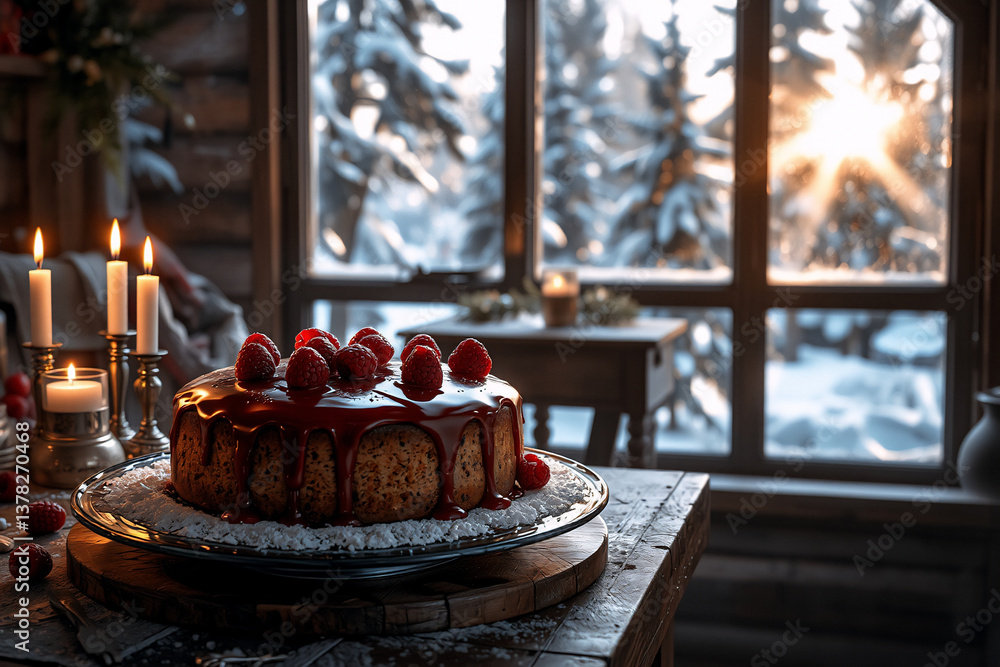 Poster warm candles illuminate a raspberry cake on a wooden table, creating a cozy indoor scene. a snowy la