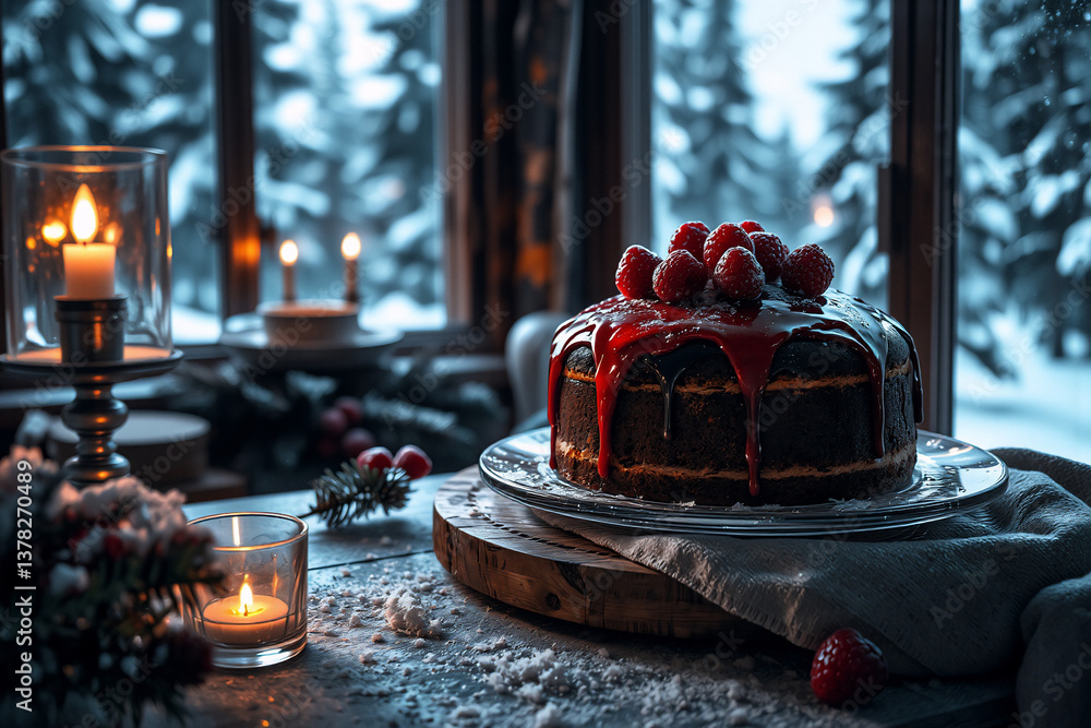 Aufkleber a delicious chocolate cake with raspberries and dark glaze sits by a window overlooking a snowy wint