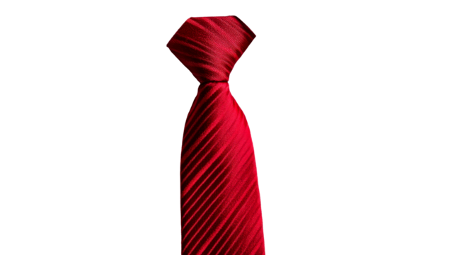 Striped elegant red tie closeup on black background, cut out transparent