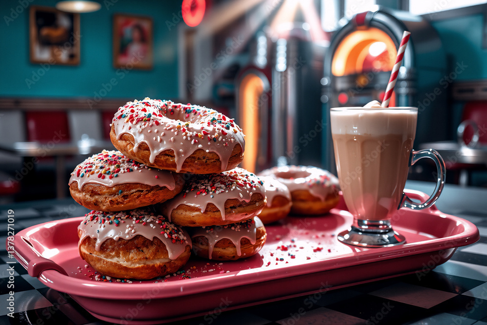 Poster Delicious donuts with colorful sprinkles are stacked on a pink tray next to a frothy drink, in a retro diner setting with classic booth seating.