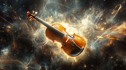 Fototapeta premium Elegant Violin Floating Amidst Cosmic Dust and Energy Streams Artwork