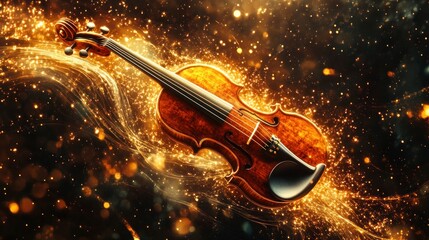 Fototapeta premium Violin Surrounded by Golden Light Trails Against a Dark Background