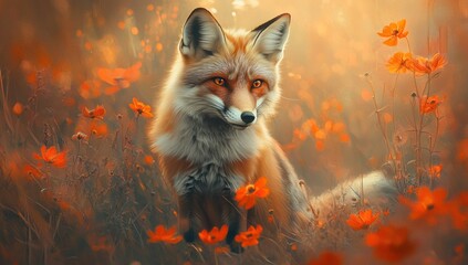Red fox sitting amidst orange flowers at sunset.