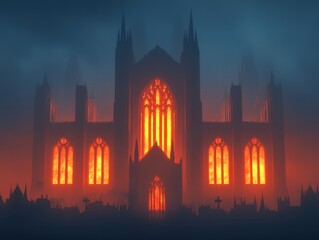 Fototapeta premium A dark, atmospheric image of a gothic building illuminated by fiery orange light, creating a haunting and mysterious ambiance.