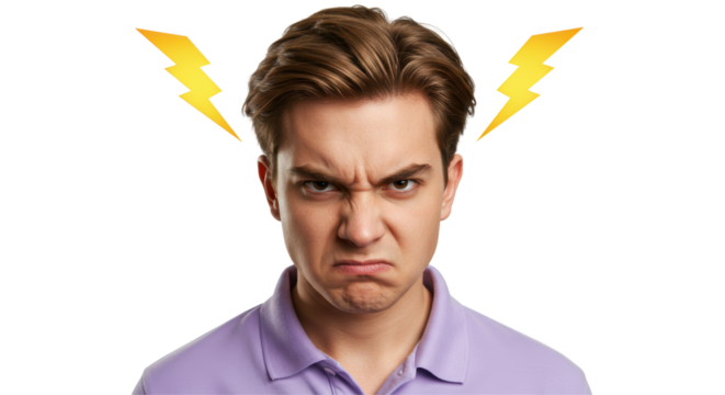 Isolated Angry Man with Lightning Bolts Around Head