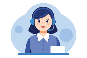 Smiling Woman with Headset Wearing Formal Attire Flat on Blue Backdrop