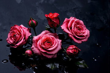Pink and red roses beautifully arranged with water droplets, creating a fresh, romantic, and elegant floral still life against a dark backdrop.
