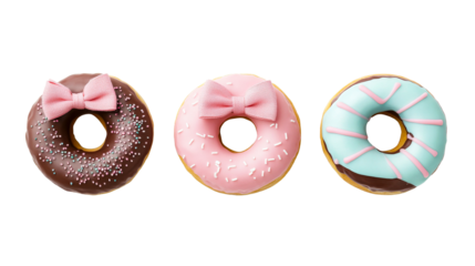 Three delicious donuts with bows, confectionery, background, cut out transparent